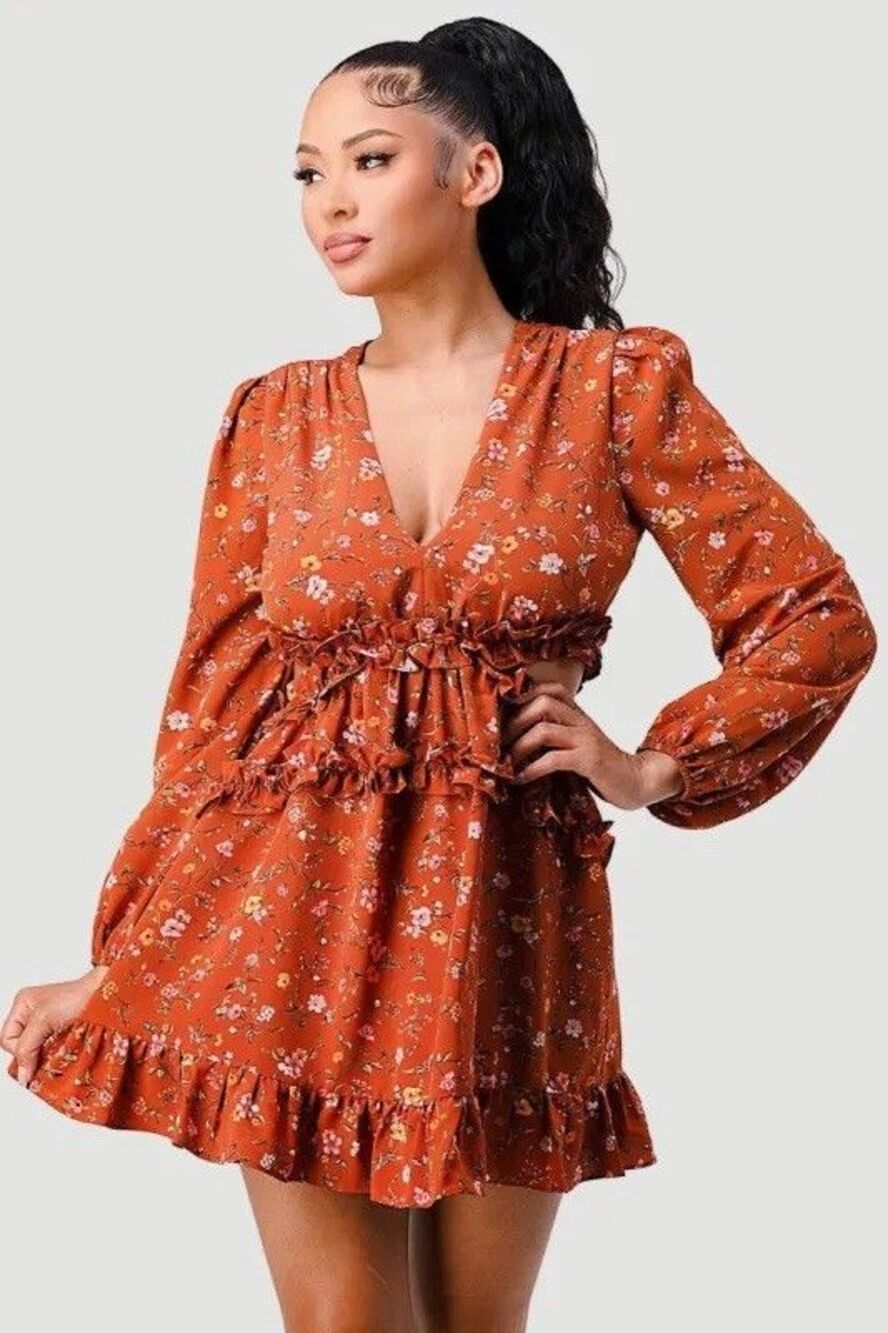 NWT Privy Ruffle Balloon Sleeve Cutout Mini Dress Orange Floral - Size Medium
